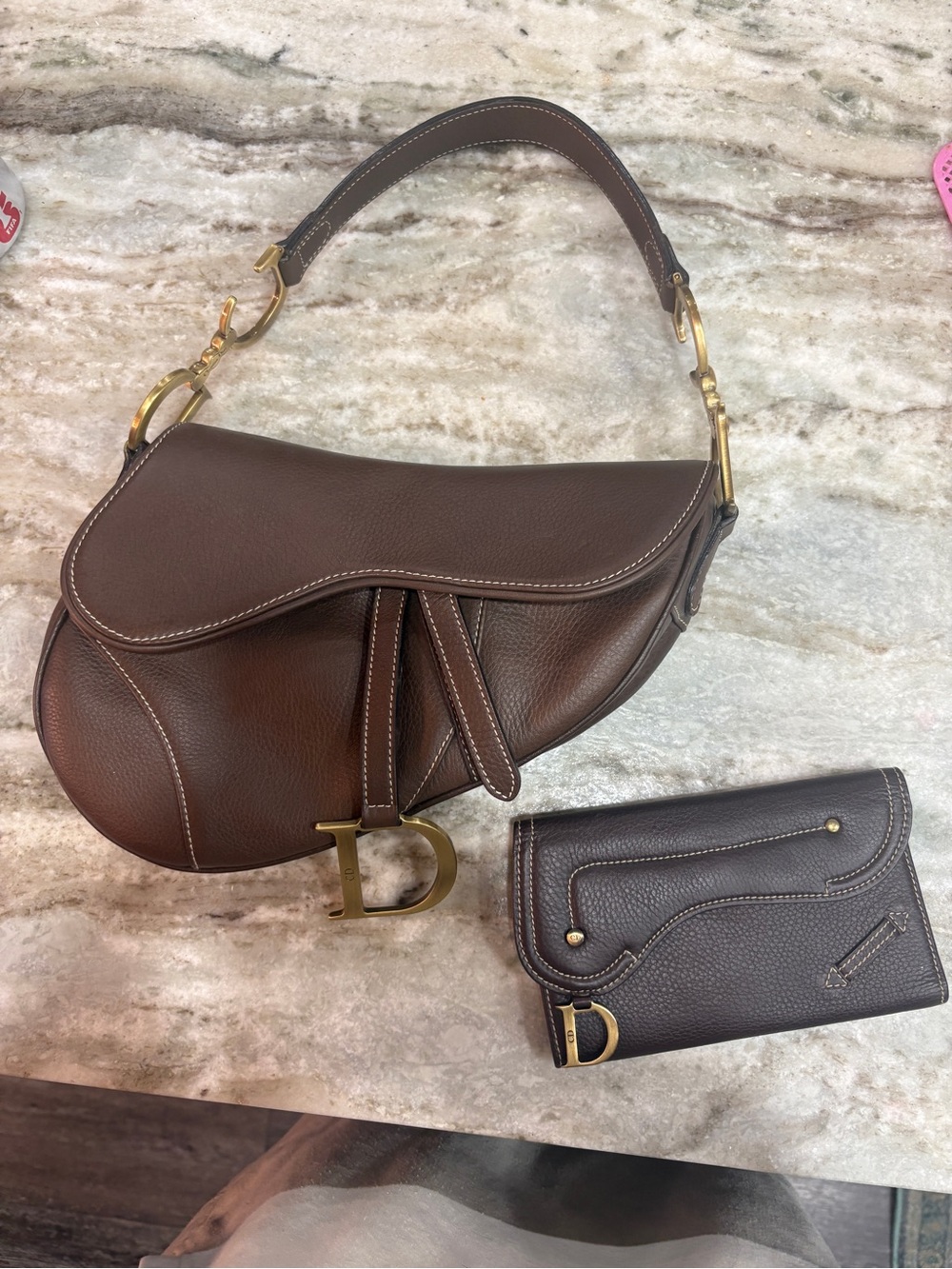 Vintage Dior Dark Brown Leather Saddle Shoulder Bag with Matching Wallet